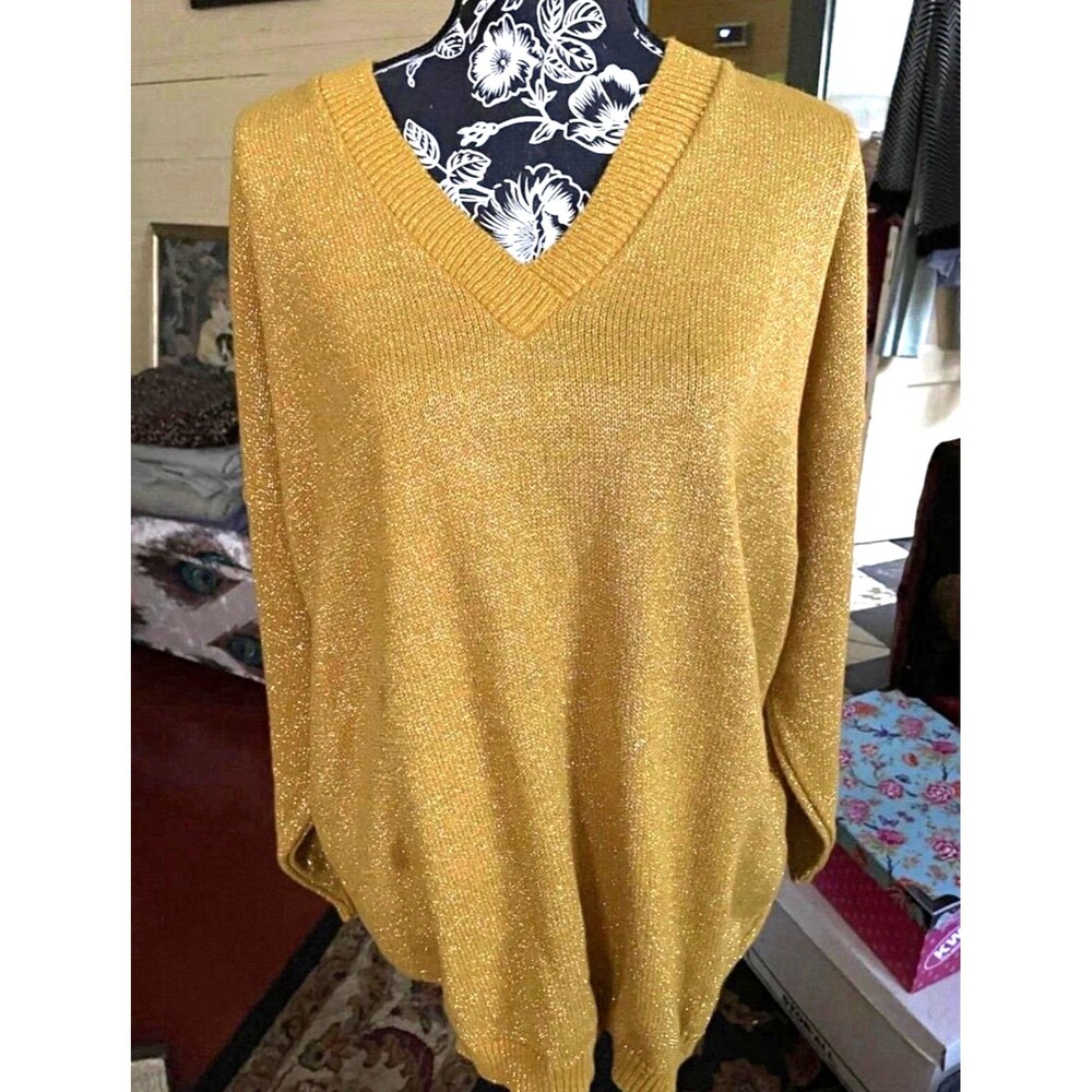Adele Knitwear Womens Gold Metallic Knit V-Neck Pullover Sweater Long Sleeve